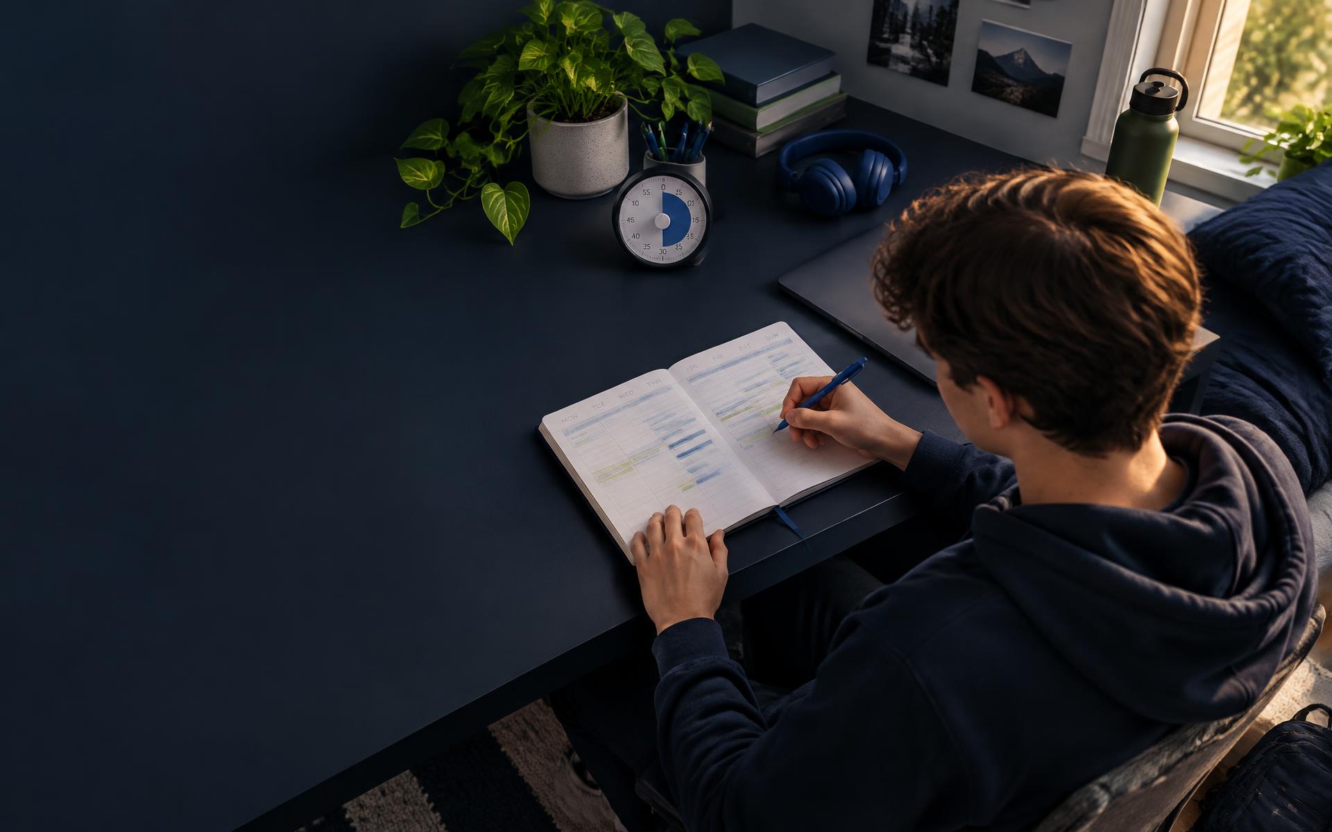 A student planning their week at a desk